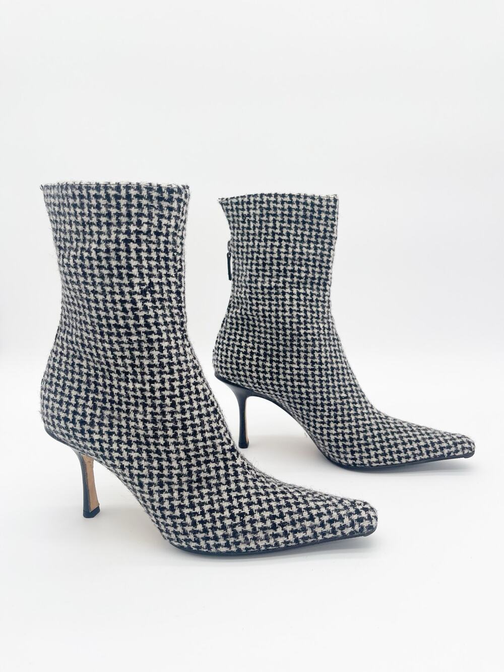 Jimmy Choo Vintage Black White Houndstooth Wool Square Toe Ankle Boots IT 39